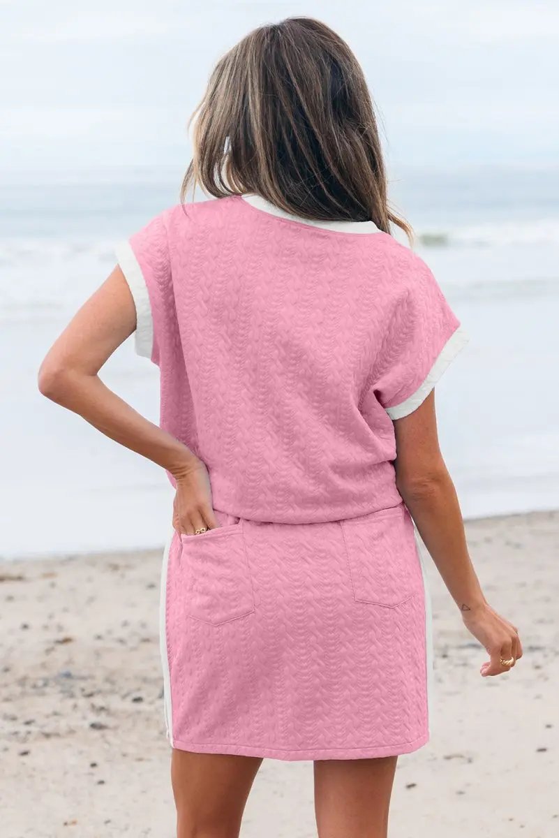 Pink Contrast Trim Textured Crewneck Tee And Pocketed Skirt Set - Love Salve